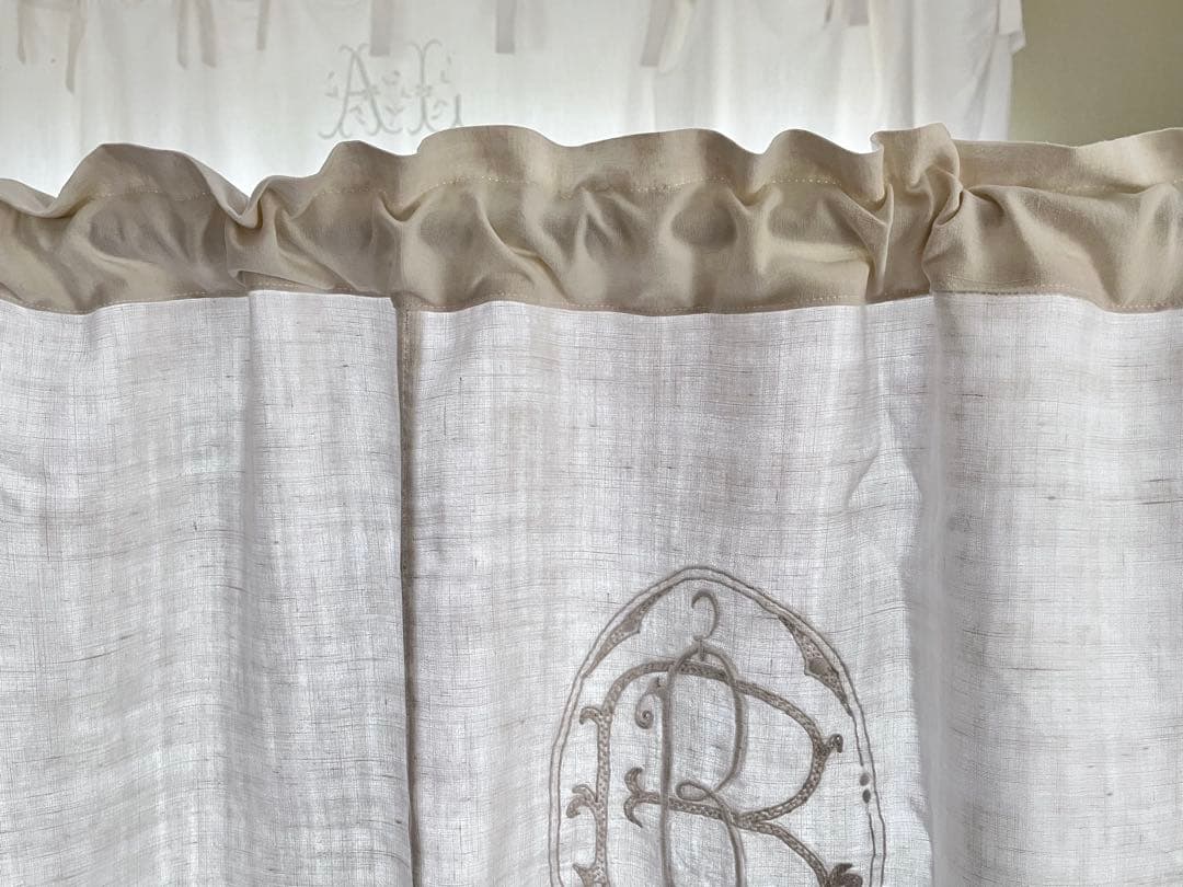【美品】フランスアンティーク BR手刺繍 ホワイトフリルカフェカーテン 3374