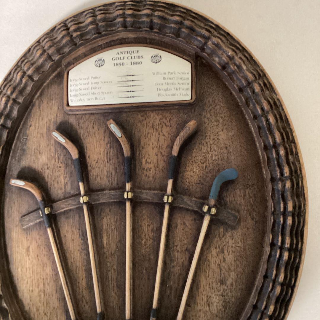 英国製アンティーク壁掛　レトロ　木製ゴルフクラブ手作り彫刻５本　ゴルフヘリテイジ