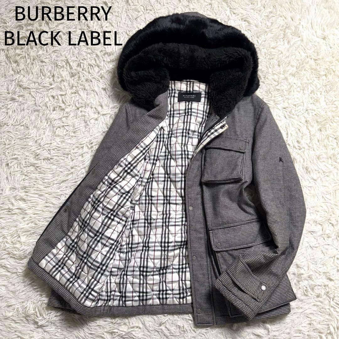 バーバリーブラックレーベル　パデッドコート　ノバチェック　千鳥柄　ラビットファー