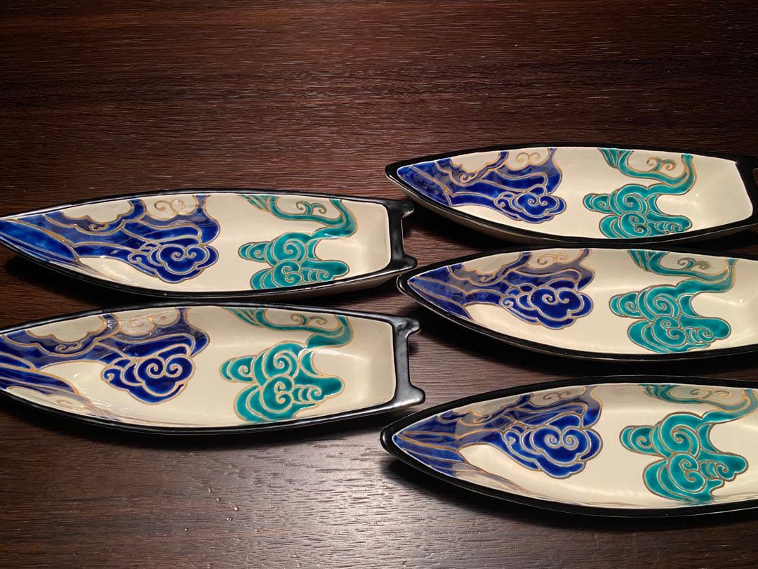 京焼向付　仁清流水舟形向付5客　新品未使用　京焼