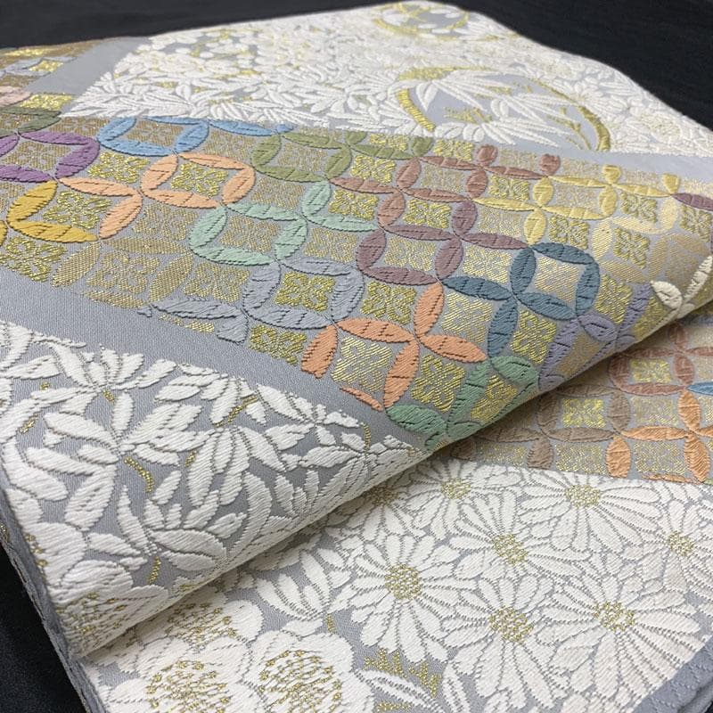 411my64◇唐織 花菱七宝に花尽くし 竹梅 菊 金糸 袋帯◇美品