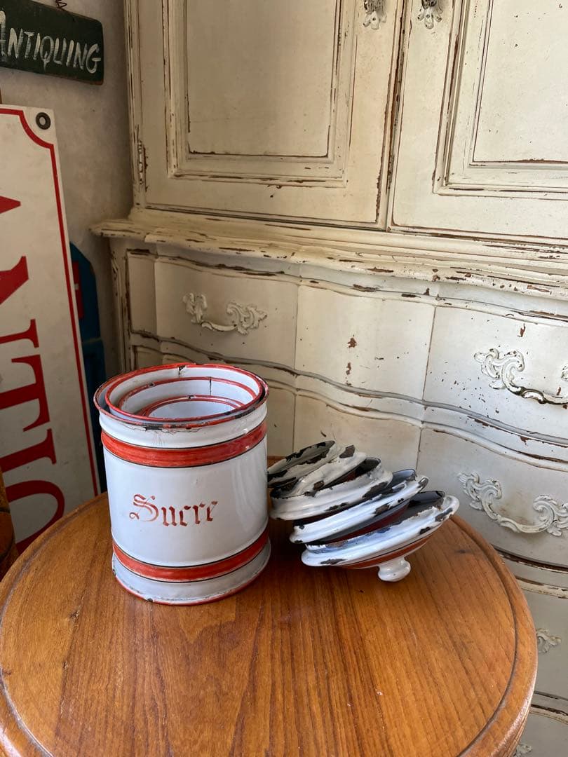 フランス　アンティーク　ホーロー　キャニスター　5個　ホワイト　レッド　ライン