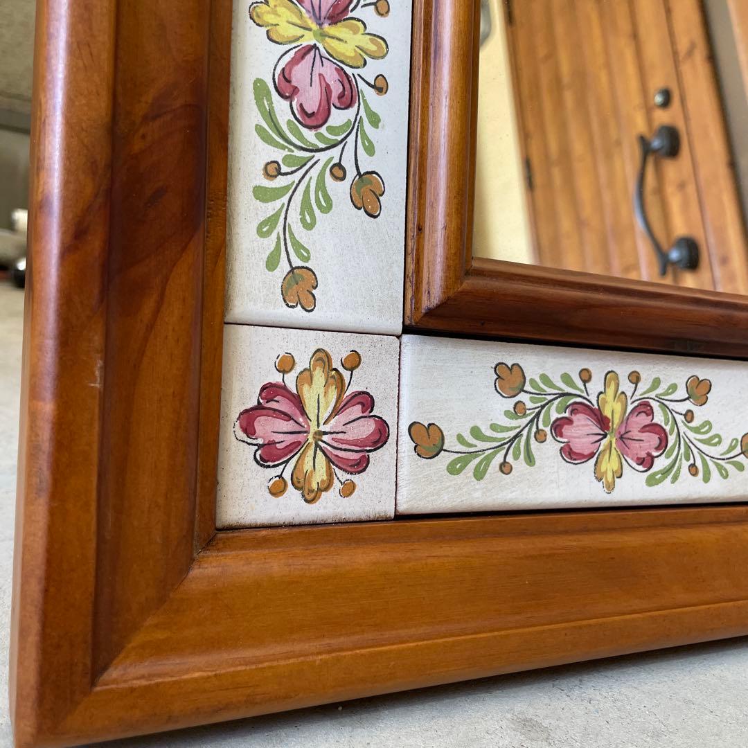 ヴィンテージ タイル張り ウッドミラー 壁掛け 鏡 姿見 パイン材 バレンシア