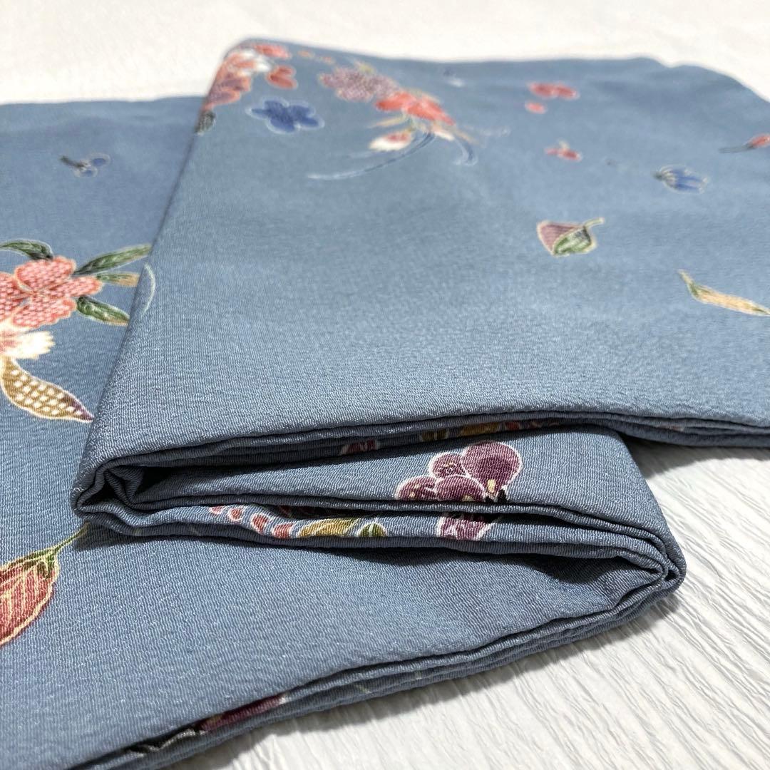 【美品✨】東レシルック　洗える着物　小紋　浅葱鼠色　吹き寄せ風　手縫い仕立てM6