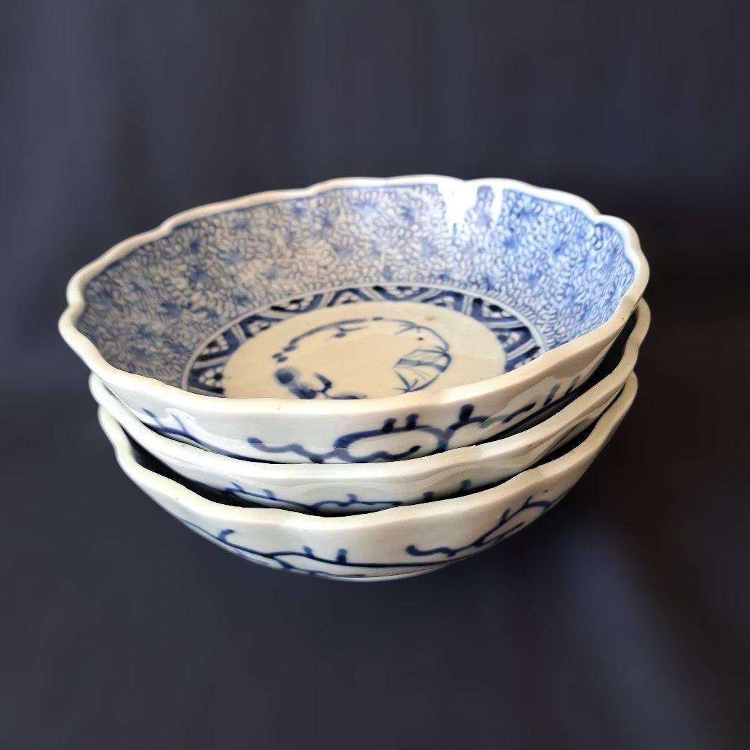 「人気の微塵(みじん)唐草文」 古伊万里皿(直径15.5cm) 3客セット 骨董