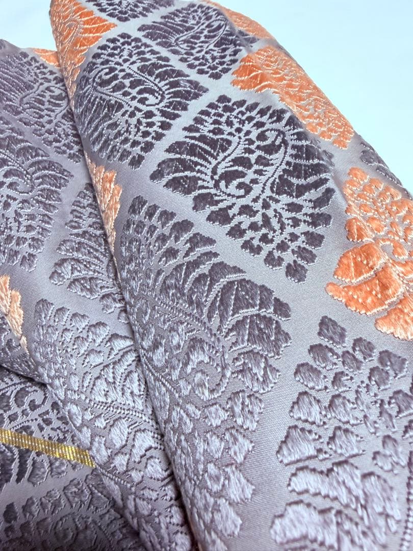 高級 袋帯 正絹 六通柄 総唐織 薄紫色 オレンジ 菱形 フォーマル 約60万円