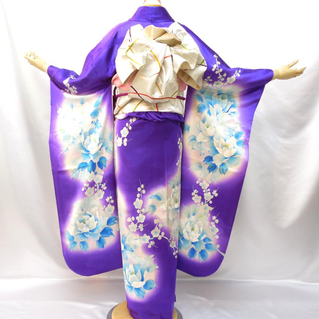 美品★振袖フルセット　正絹　振袖　７点　成人式　Sサイズ　パープル系　紫　花柄