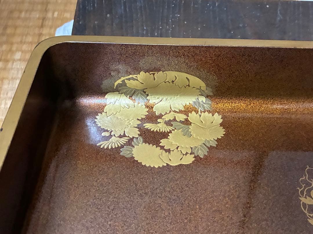 漆器 金箔 唐草紋 蒔絵 梨地 四角盆 時代物 木箱入
