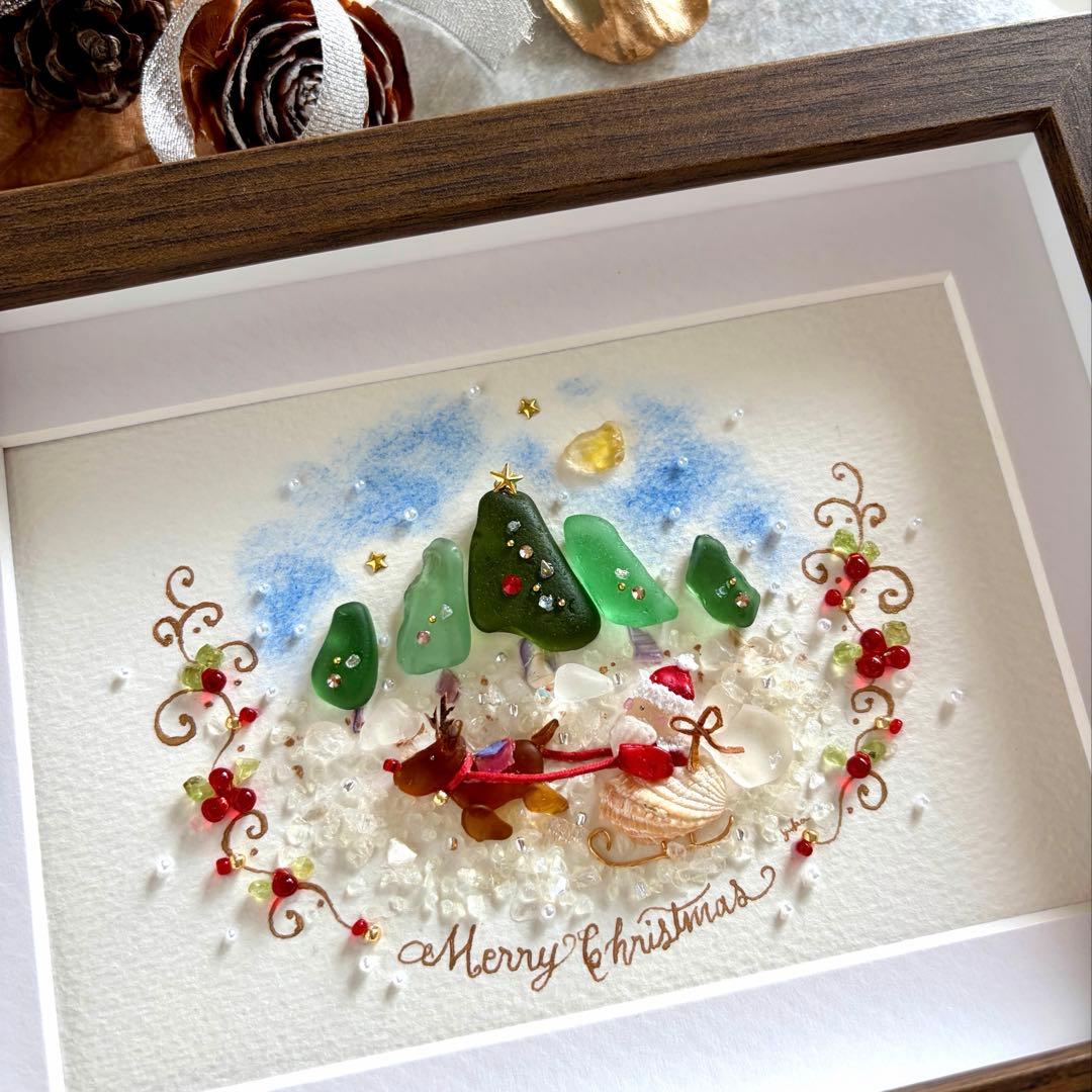 サンタとトナカイ　シーグラスアート／天然石／フレーム／クリスマス／サンタ