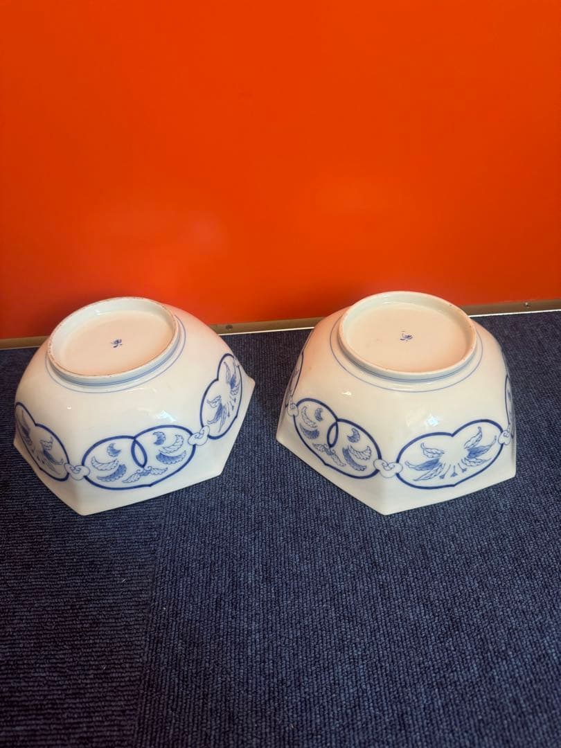 1885 香蘭社　染付鳳凰文　六角深鉢　2客　時代物