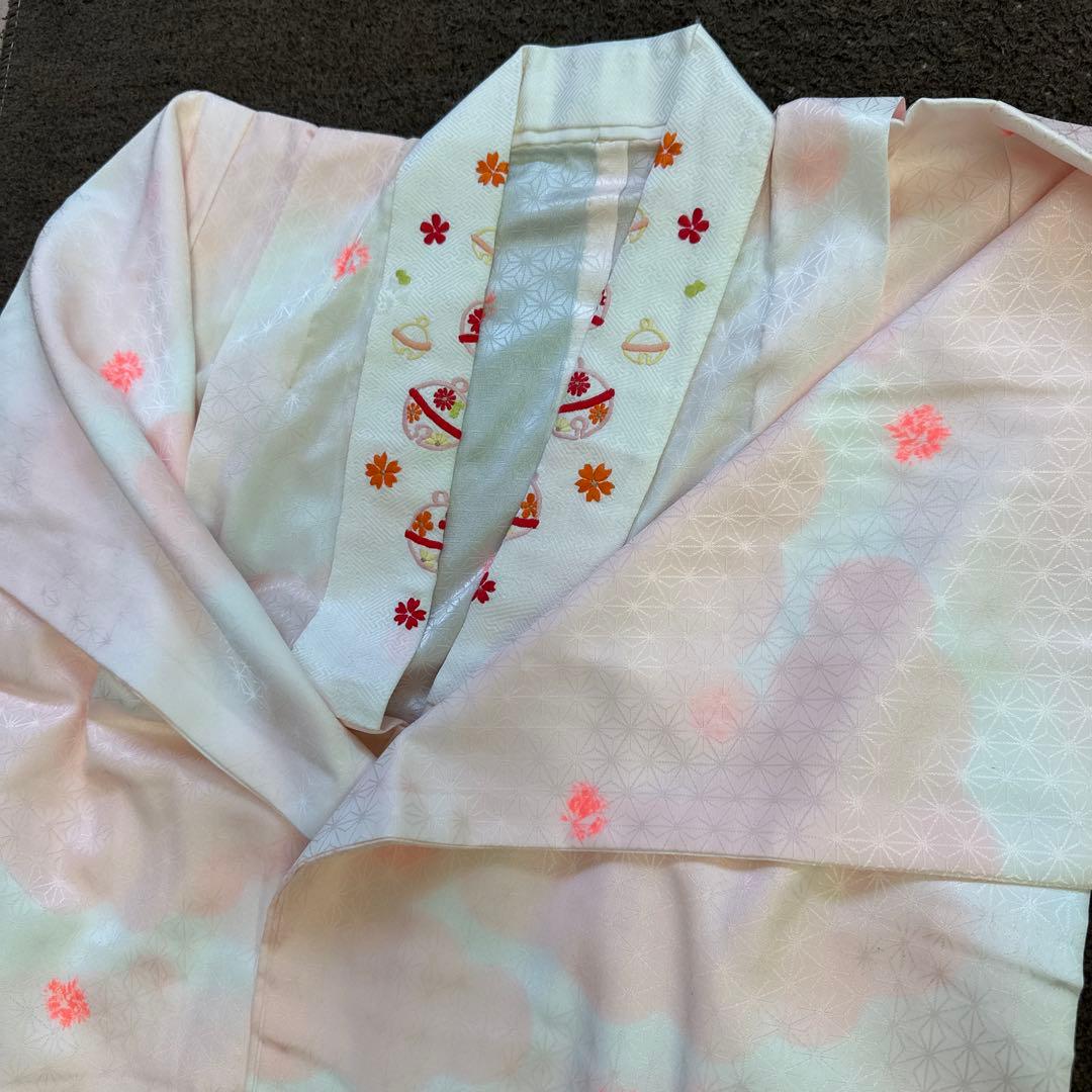 七五三用 女児着物 正絹　アンティークピンク 花柄　長襦袢　全通帯付き　7歳
