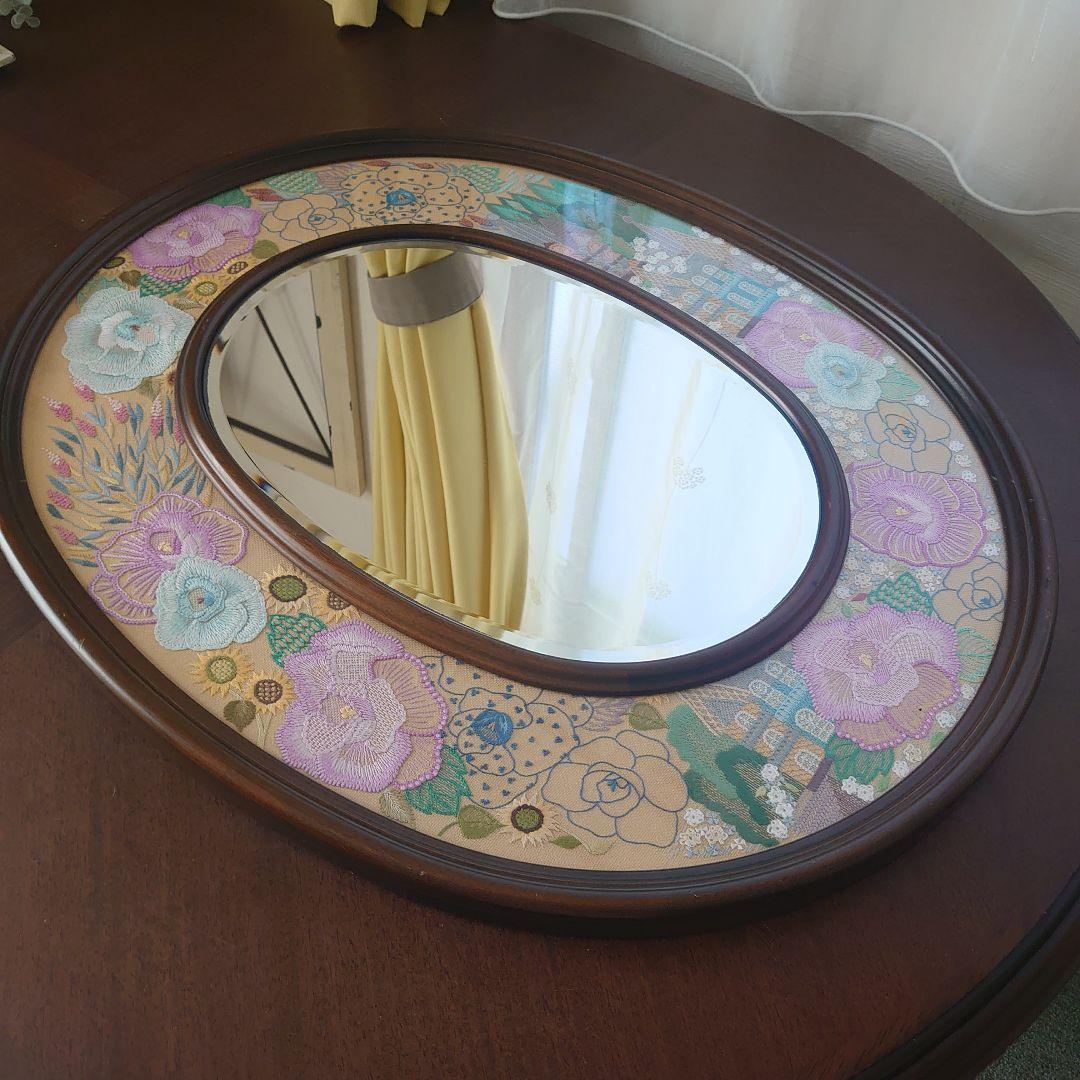 フランス雑貨　鏡　花　刺繍　レース　大型ミラー　木製フレーム　オーバル型
