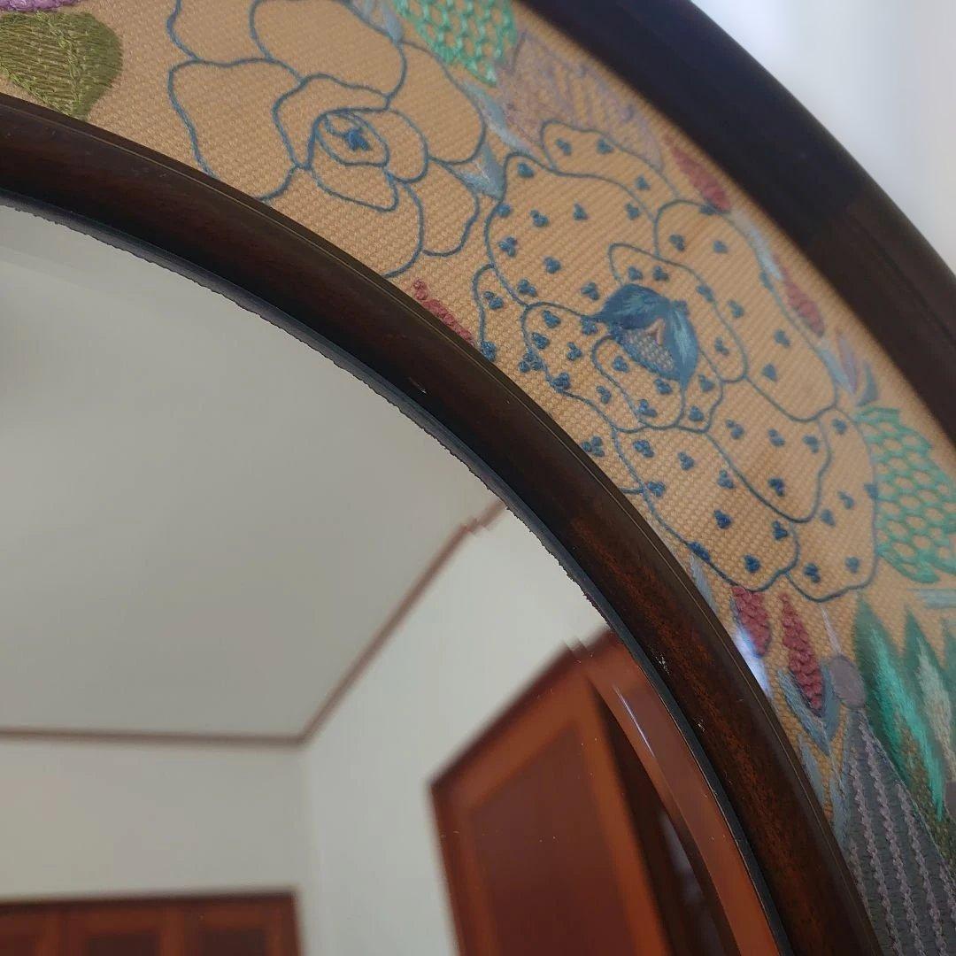 フランス雑貨　鏡　花　刺繍　レース　大型ミラー　木製フレーム　オーバル型