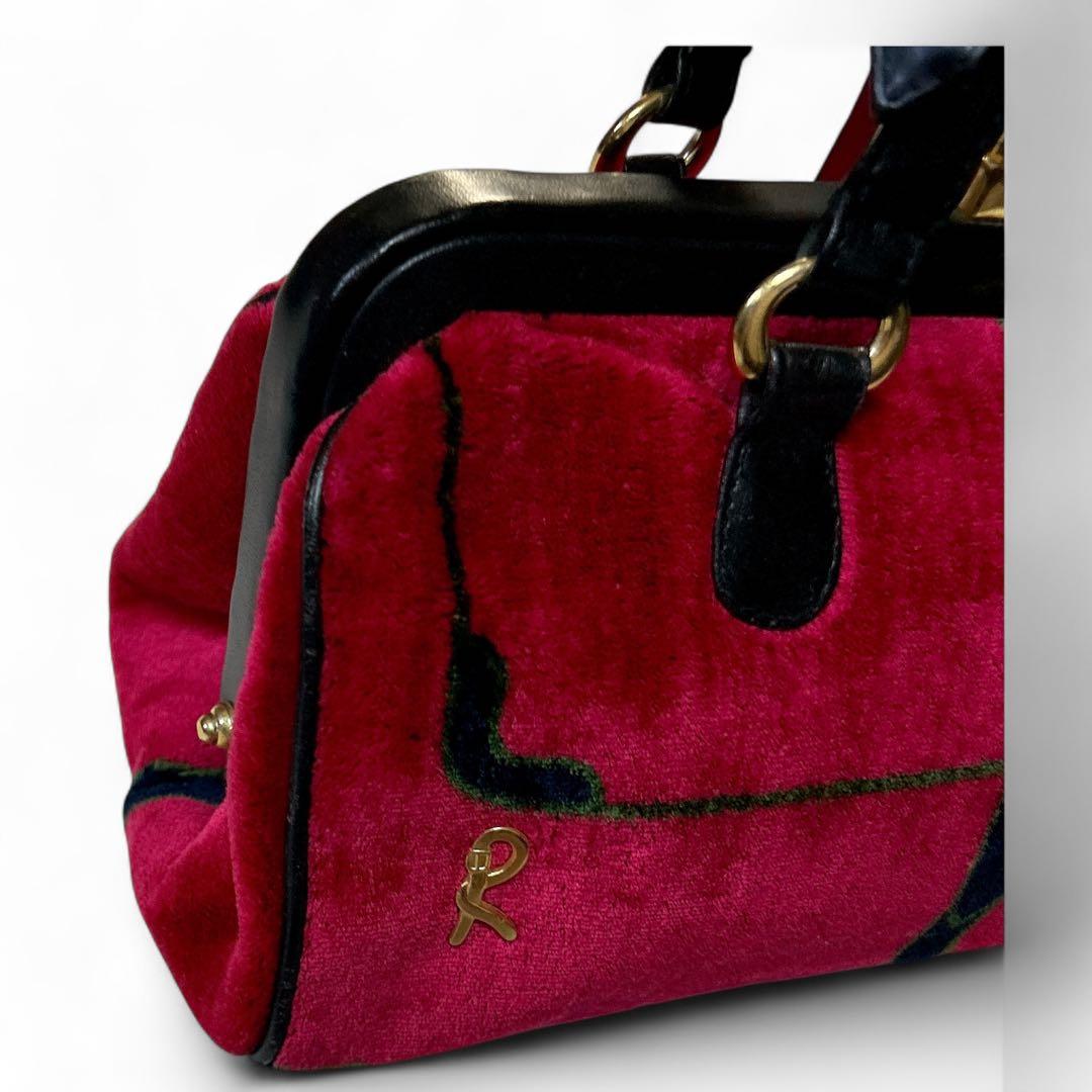 ロベルタディカメリーノ 口金　ベルベット 赤 ハンドバッグ　ロゴ　がま口