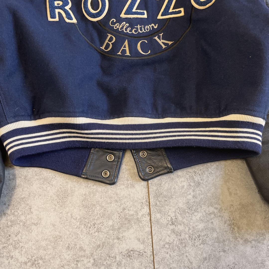 ROZZO スタジャン 短丈 ワッペン レザー　紺×黒 y2k 古着 アメカジ