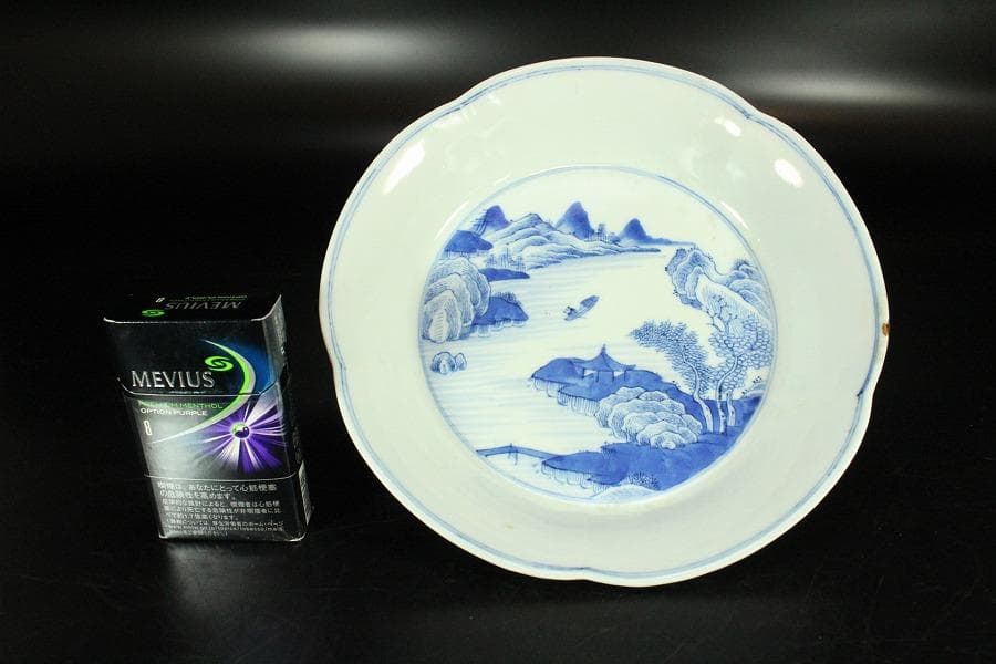 中国美術 青花 山水舟紋 盤 φ20.5cm 嘉慶年製(K-LC657)