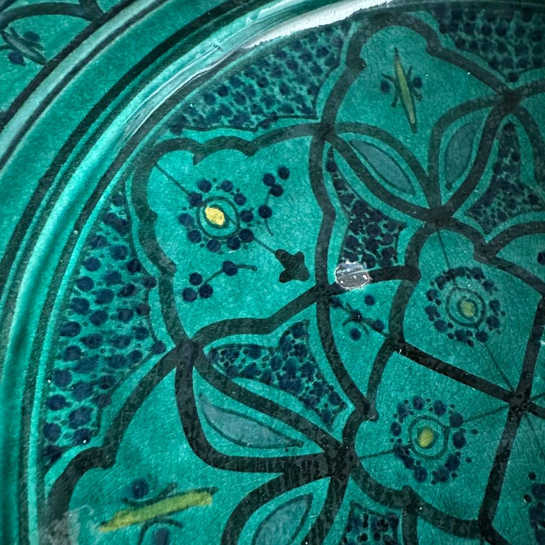 ブルガリア陶器　トロヤン焼　青釉内花柄　壁掛けデザイン　大皿　アンティーク