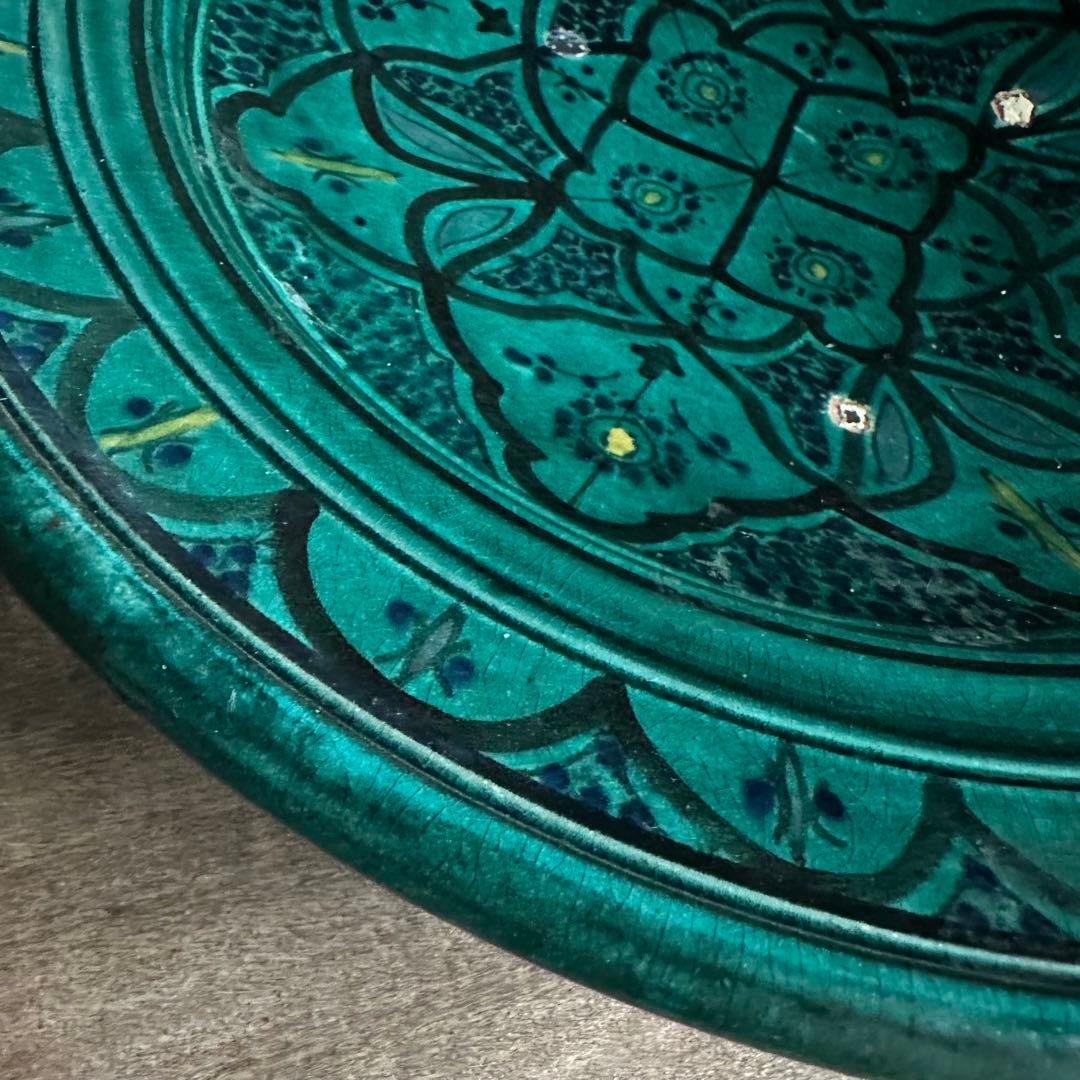 ブルガリア陶器　トロヤン焼　青釉内花柄　壁掛けデザイン　大皿　アンティーク