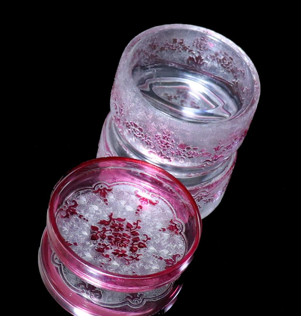 オールド・ヴァルサンランベール 桃色被せガラス薔薇蓋物 ボンボニエール 小物入れ