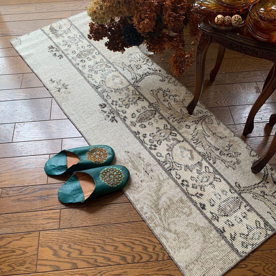 トルコヴィンテージラグ　ランナー　147×51アイボリー　グレージュ　トルコラグ