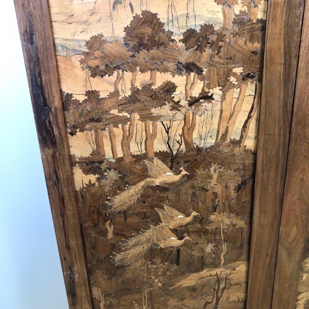 昭和52年製 木象嵌 三連衝立 松に孔雀 瑞鳥 神戸税関検査印 260117-1