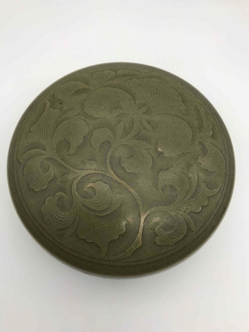 北宋～金時代　青磁貼花唐草紋合子　文房香合　耀州窯　朱泥入れ古文房具(A-45)