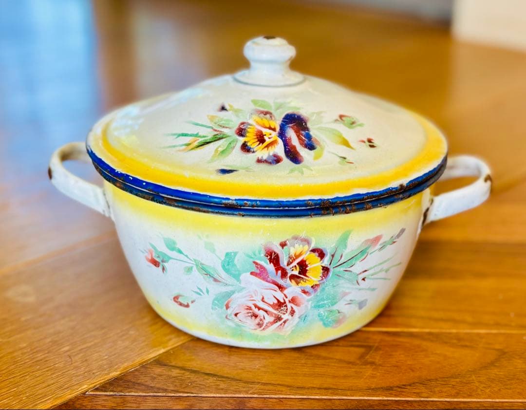 フランスアンティーク ホーロー パンジーの小さなお鍋 イエロー