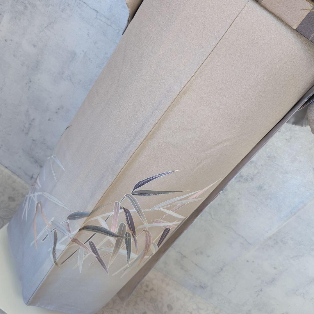 訪問着　フルセット　着物　正絹　笹　友禅　淡いベージュブラウン　金彩加工　O7