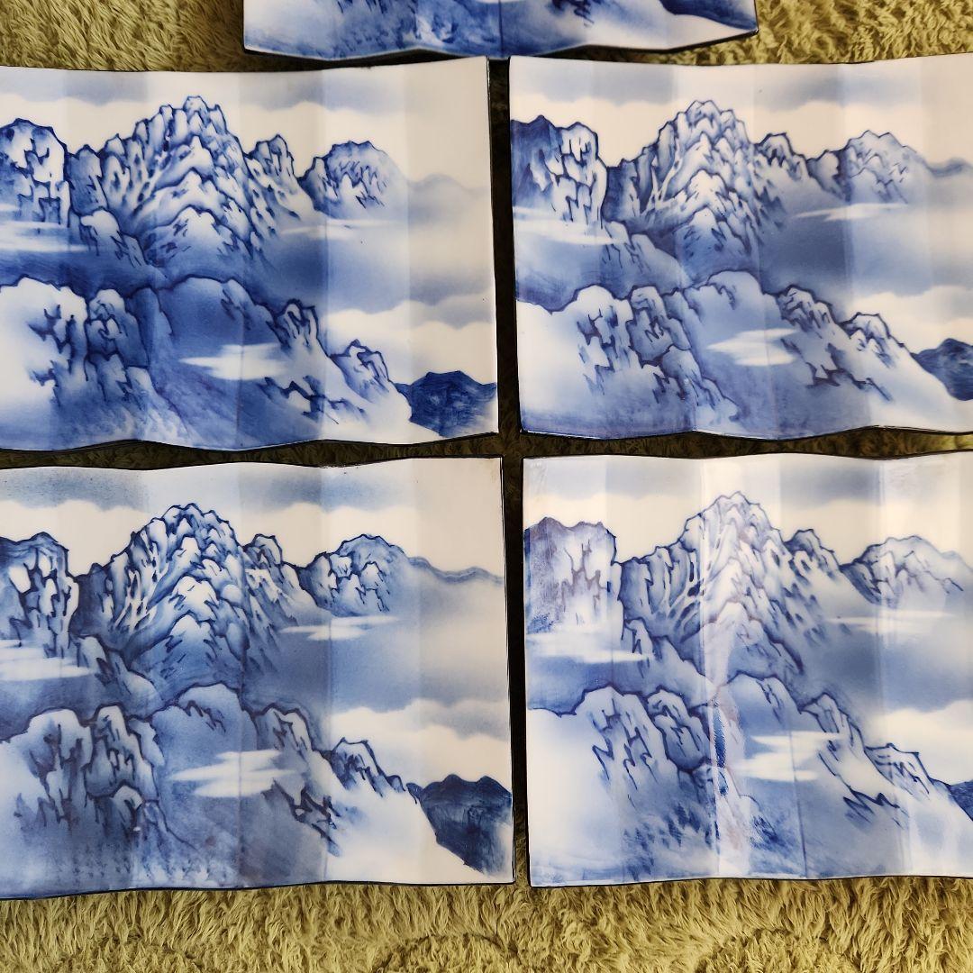 染め付け屏風形剣岳絵図角皿5客