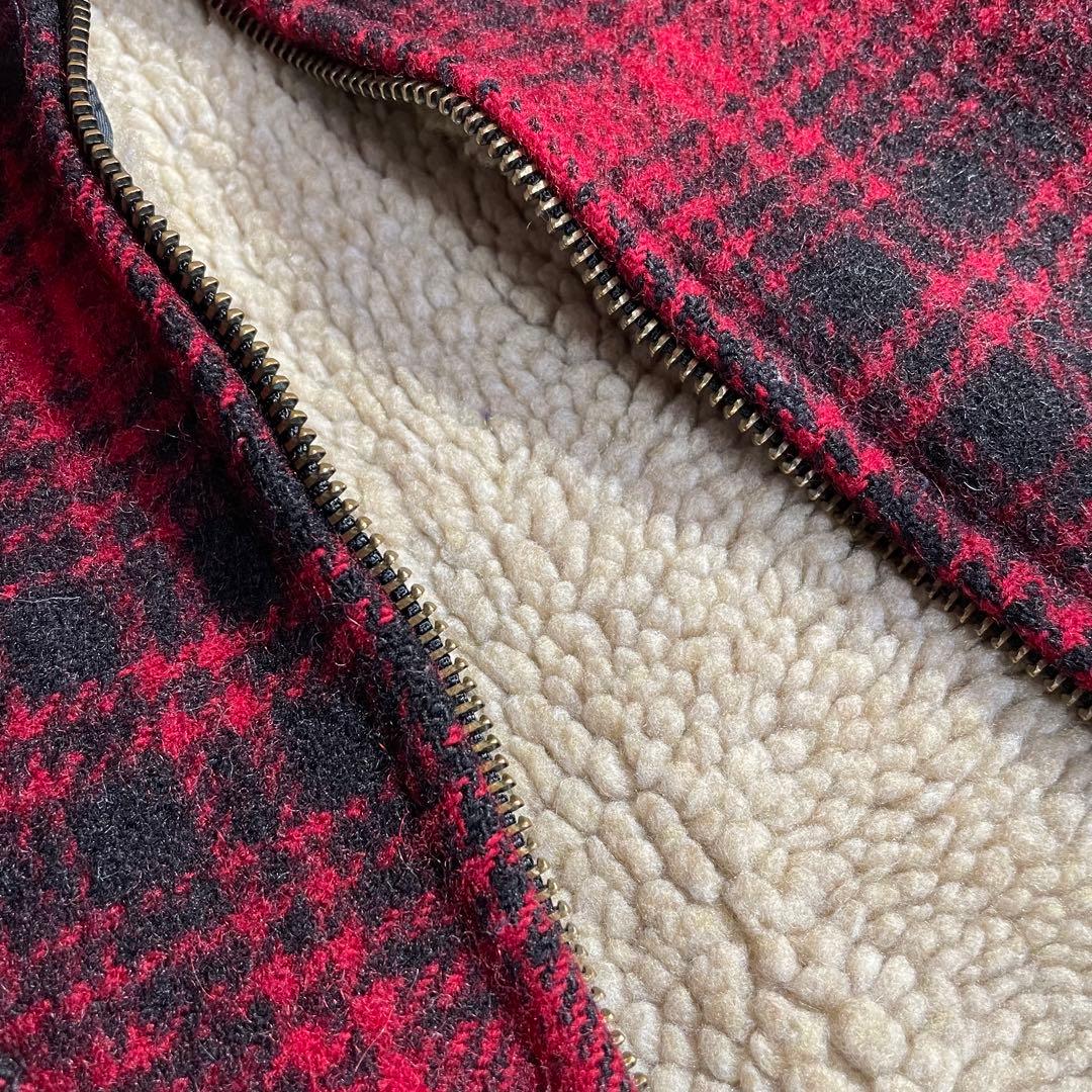 80's美品WoolrichウールリッチUSA製ベスト赤チェックXL裏地ファー