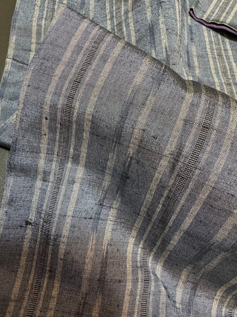 【未着用品】西陣織染匠「美吉」米沢産米沢紬 手機織 藍鼠色「多種縦縞文様」