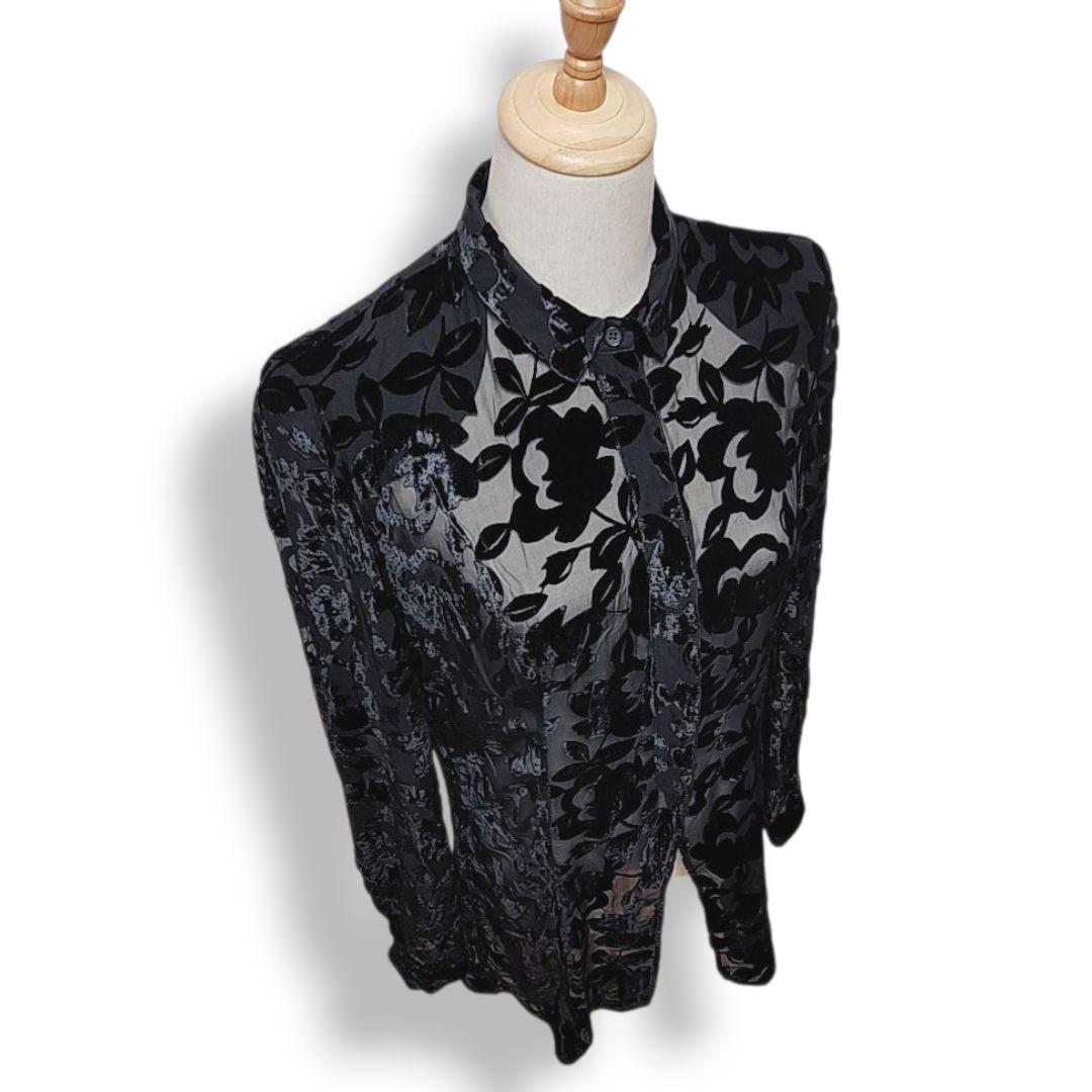 ジョルジオ・アルマーニ イタリア製 シルク使用 ベロアフラワー柄シアーシャツ 黒