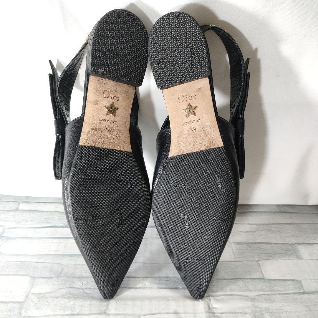 箱保存袋付き美品✨Dior　スリングバックフラットパンプス　レザー　黒×ゴールド