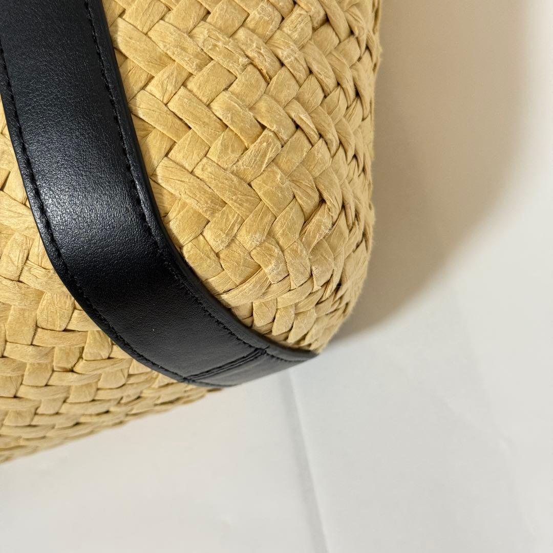 コーチ かごバッグ C金具 肩掛け可能 ストロー×レザー ブラック