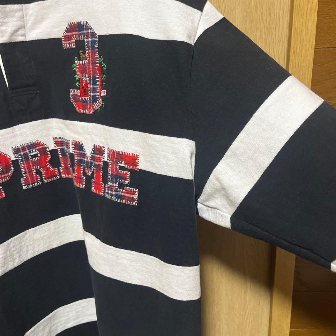 美品Supreme ラガーシャツ L 黒/白 ストライプ