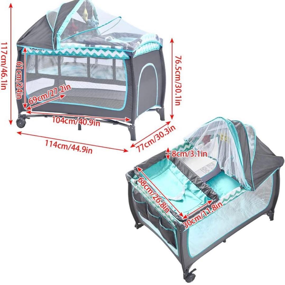 ベビーベッド プレイヤード おむつ替えテーブル付 おもちゃ 蚊帳付き