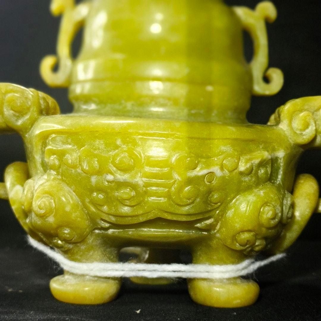 中国骨董 獅子摘み岫玉香炉 翡翠 天然石 手彫り置物 開運風水グッズ 香具古美術