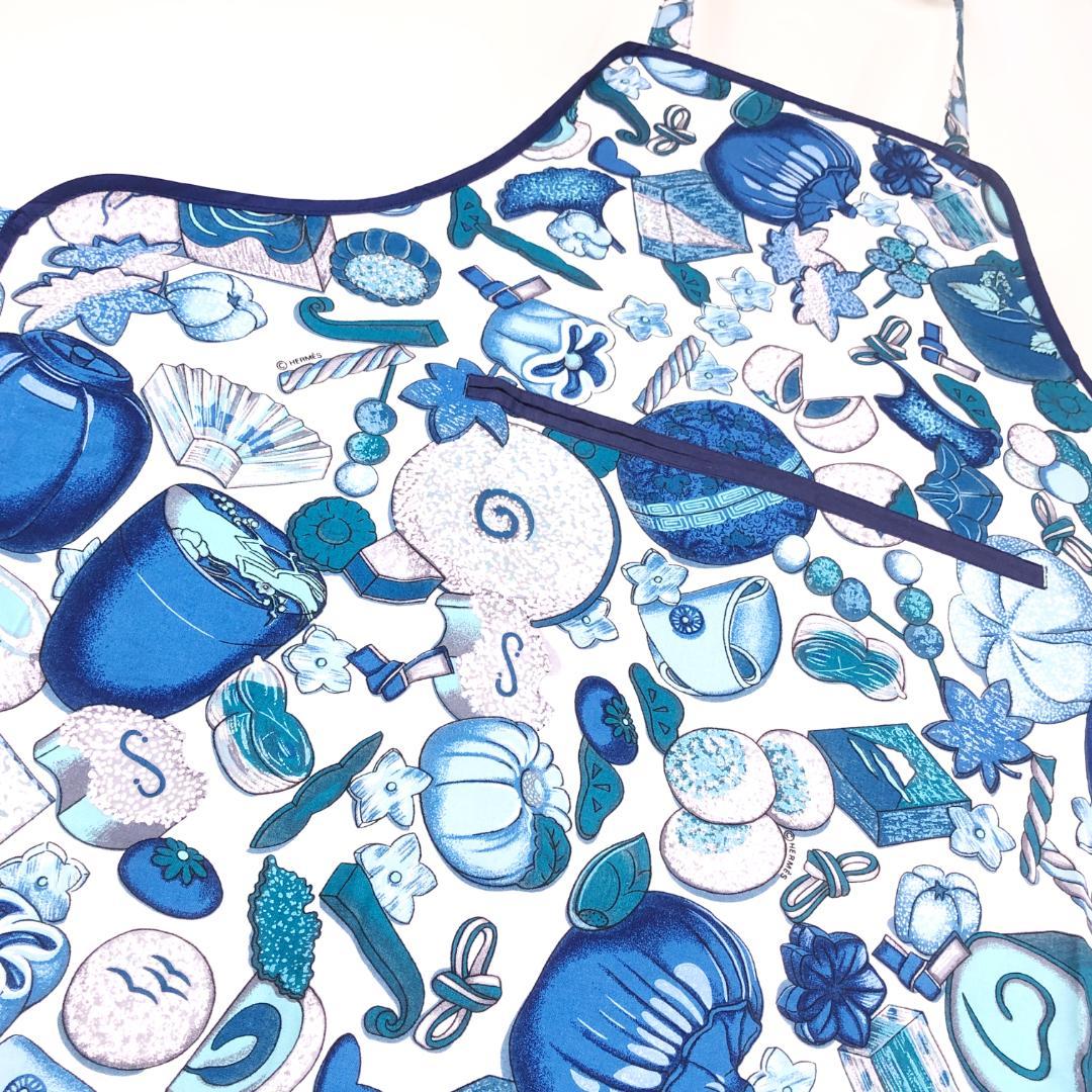 【美品・箱付き】エルメス／調理用エプロン 和洋折衷絵柄／ネイビー