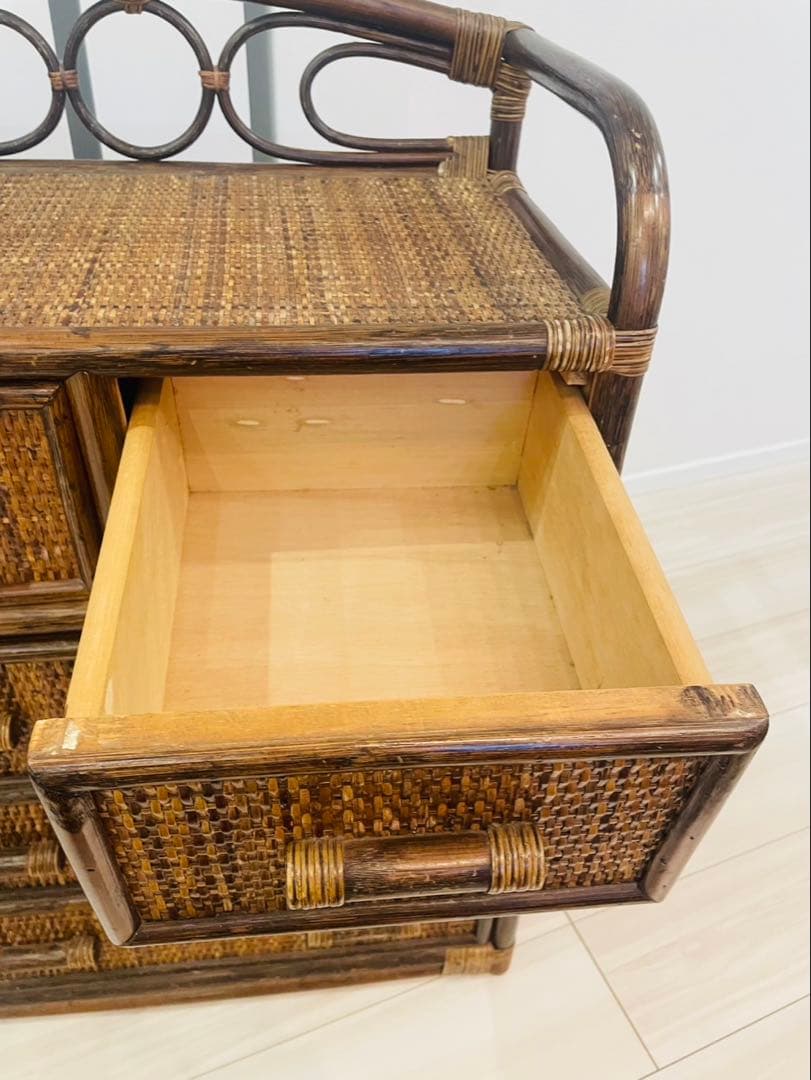 レトロ　ビンテージ　ラタンチェスト　籐家具　4段　引き出し5杯　収納家具　ラタン