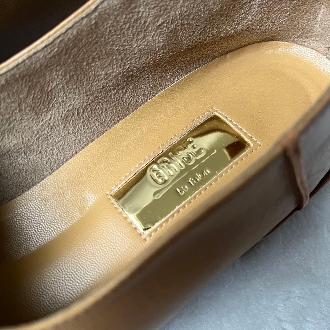 美品☆グリーズ 25cm パンプス レザースクエアクロスシームアンクルフラット