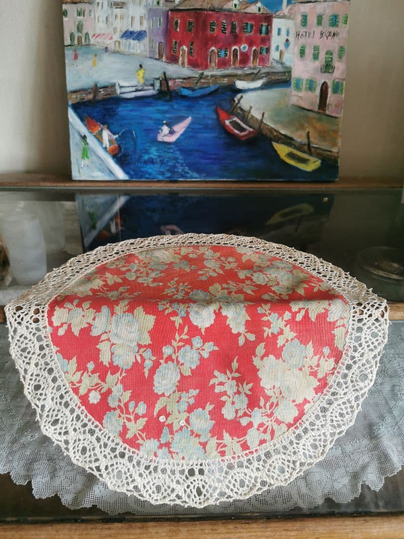 アンティーク フレンチ花柄ファブリック＆クロシェボビン編みレース装飾 ドイリー