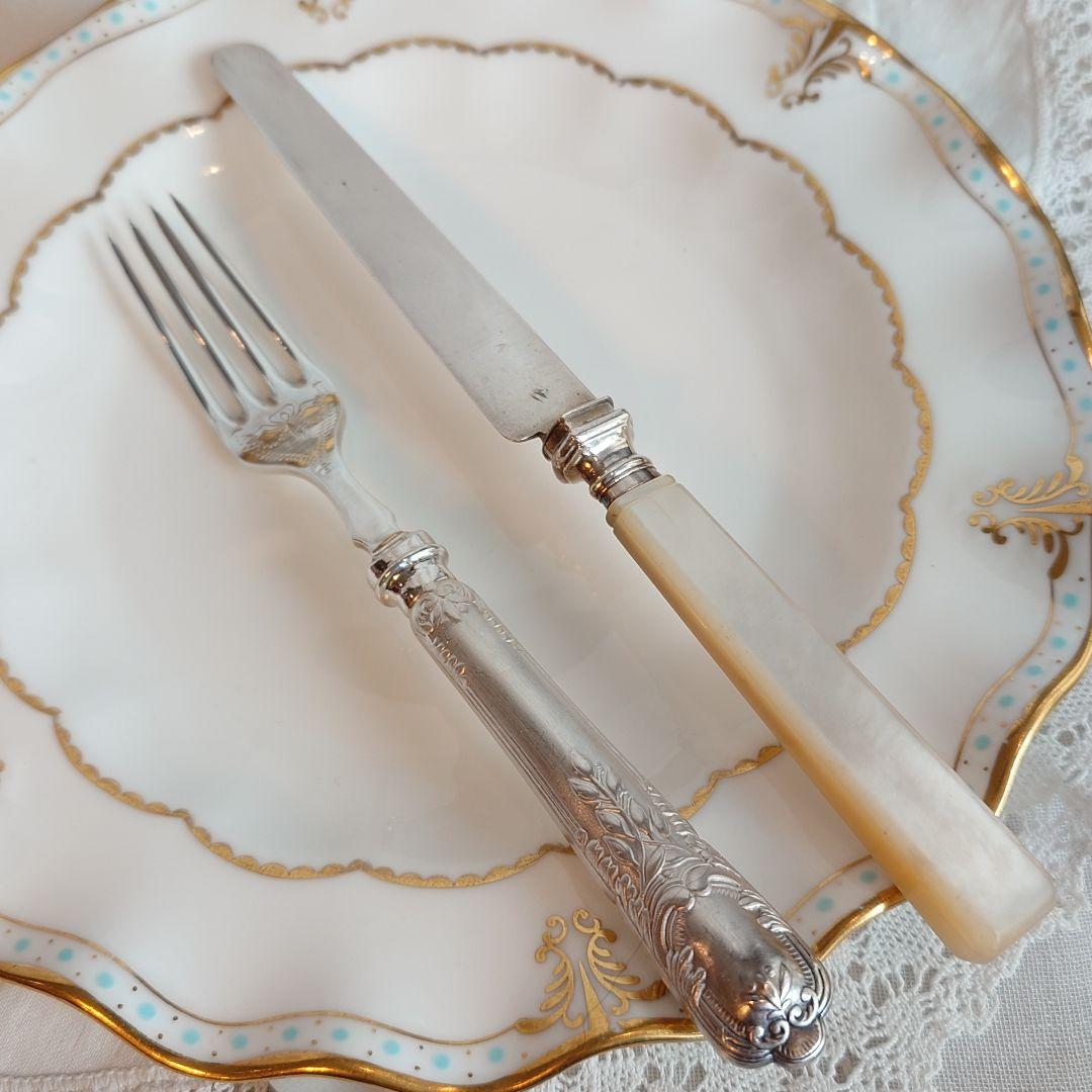 フランス製　純銀　シルバー800 ティーナイフ　マザーオブパール　白蝶貝　2本組