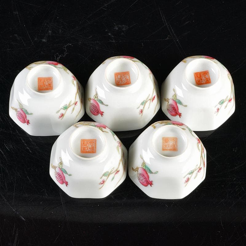 中国　同治年製款　粉彩　螽斯柘榴文　八角煎茶碗　五客　時代箱付　M　R6249E