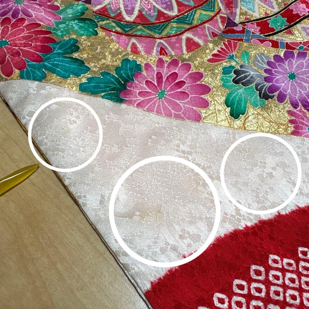 161 正絹　真紅×絞り　疋田　7歳 七五三着物フルセット　和装小物　袋帯