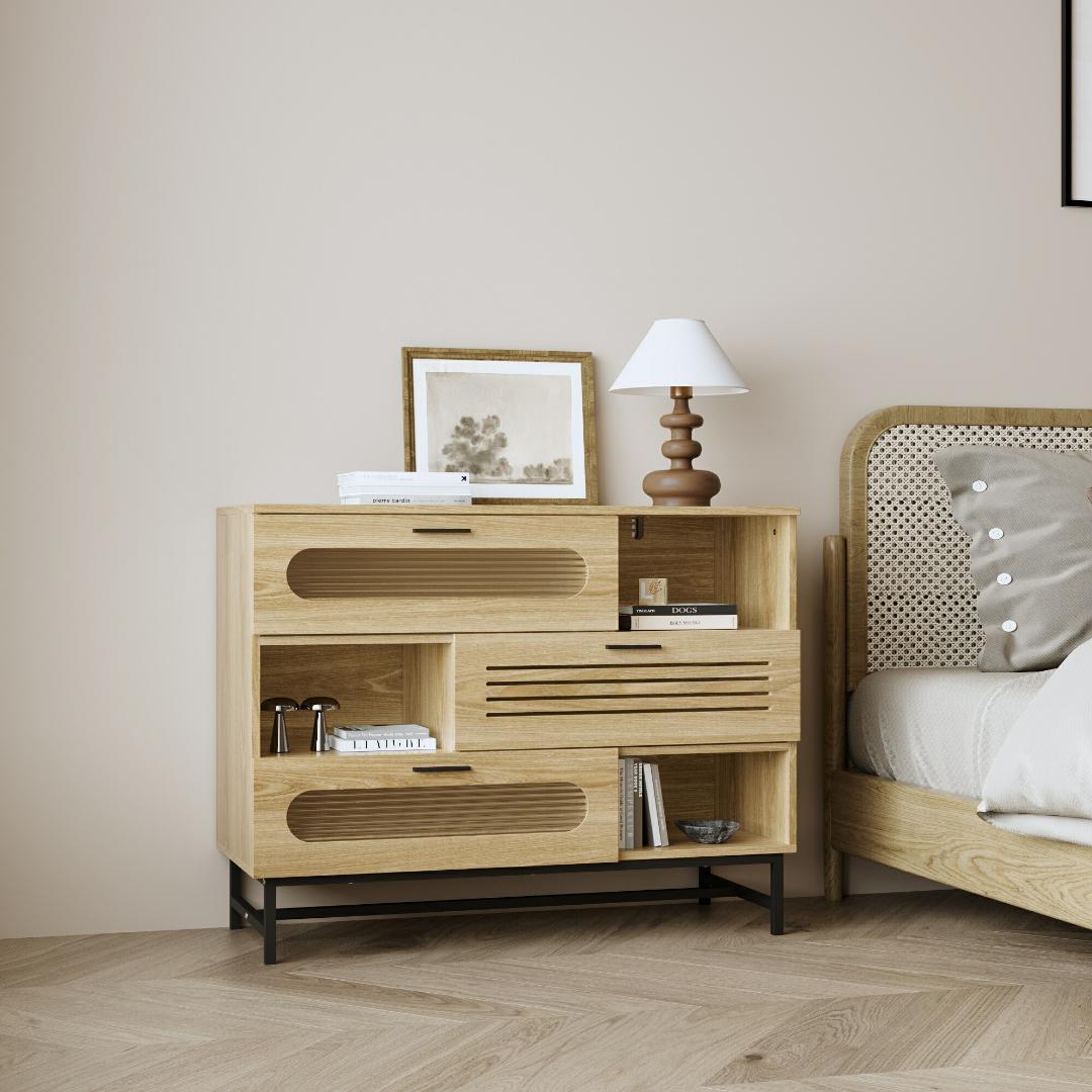 キャビネット サイドボード LEDライト付き 幅100cm 木目調 コンパクト