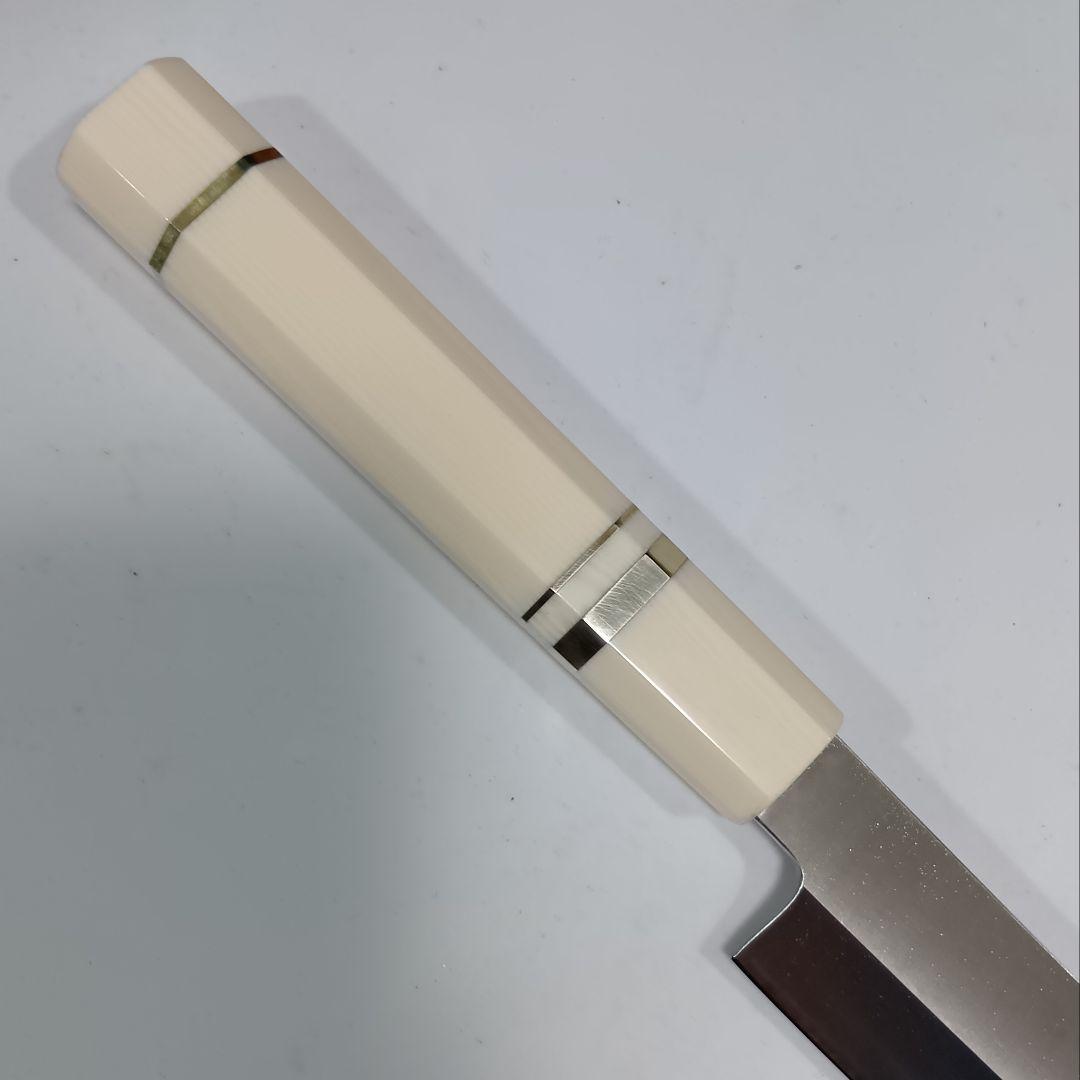 ステン本焼V金10号先丸柳刃包丁30cm鞘付人工象牙八角柄