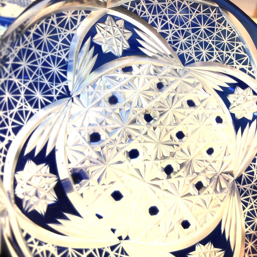 江戸切子　 瑠璃　麻の葉 菊龍目の文様昭和レトロ　8枚セット※説明必読