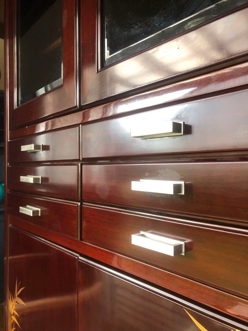 希少品 YAMAHA 昭和モダンキャビネット 蒔絵風意匠・ガラス戸 木製収納家具