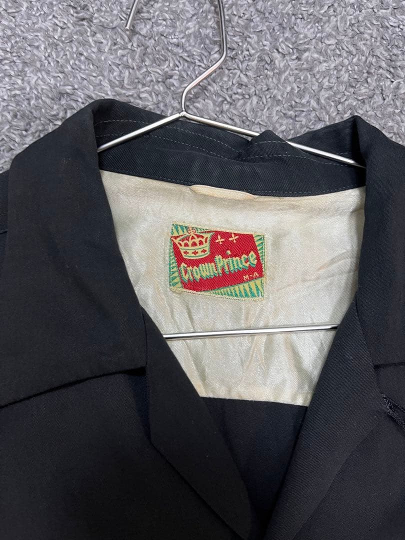 50s 60s レーヨンギャバ ボウリングシャツ チェーンステッチ ブラック