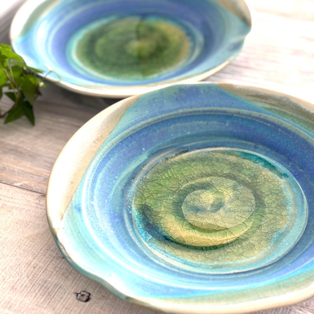 碧 フラワープレート パスタ皿 ターコイズ トルコブルー 2枚セット 益子焼